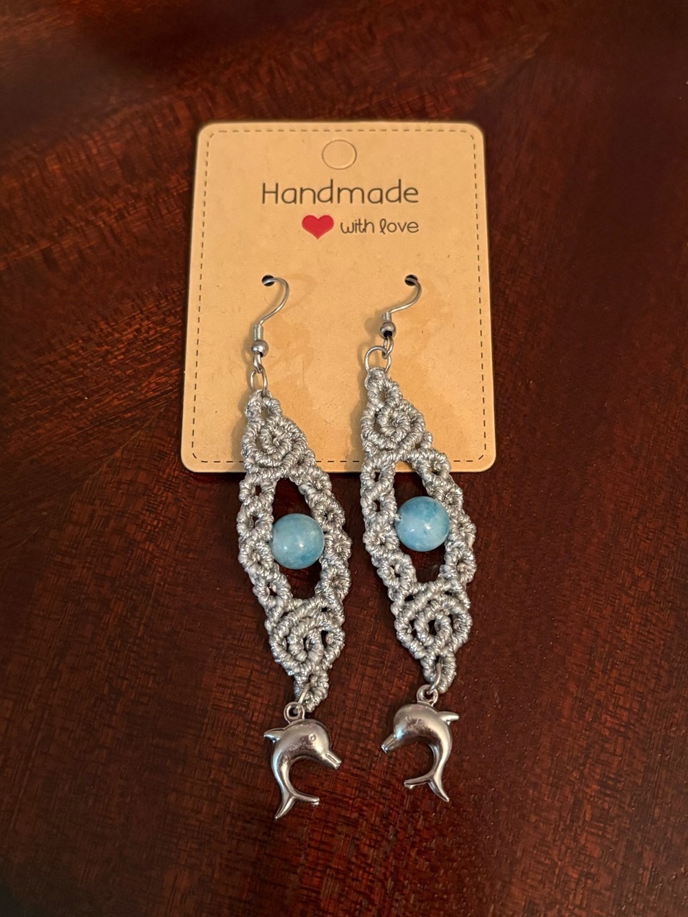 Handmade Silver Macrame Earrings with Blue Bead & Dolphin Charm